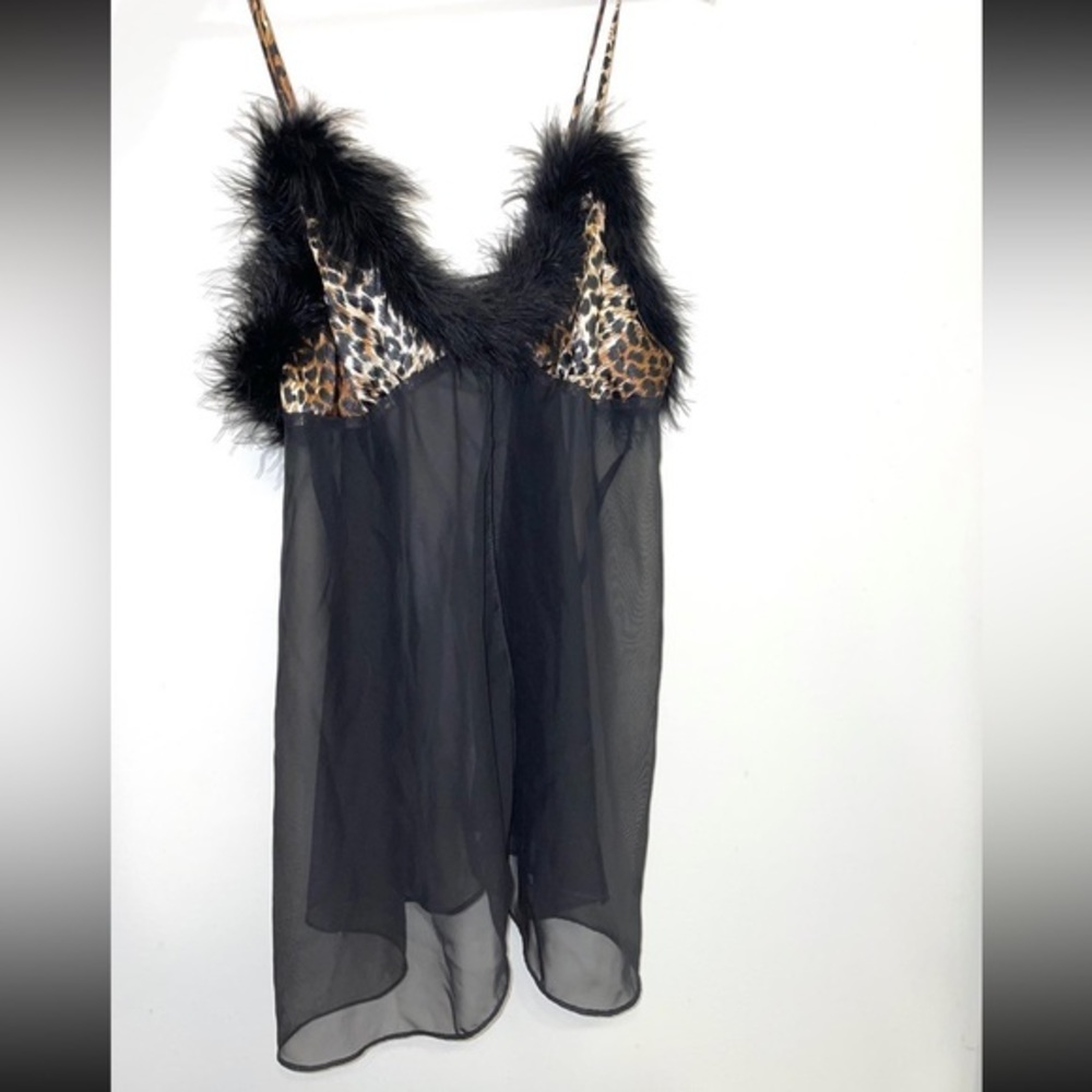 Seductive Wear by Cinema Etoile black leopard feather sheer babydoll cami size L - Picture 2 of 6